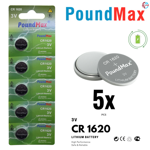 PoundMax CR1620 3V Lithium Coin Cell Battery | Pack of 5