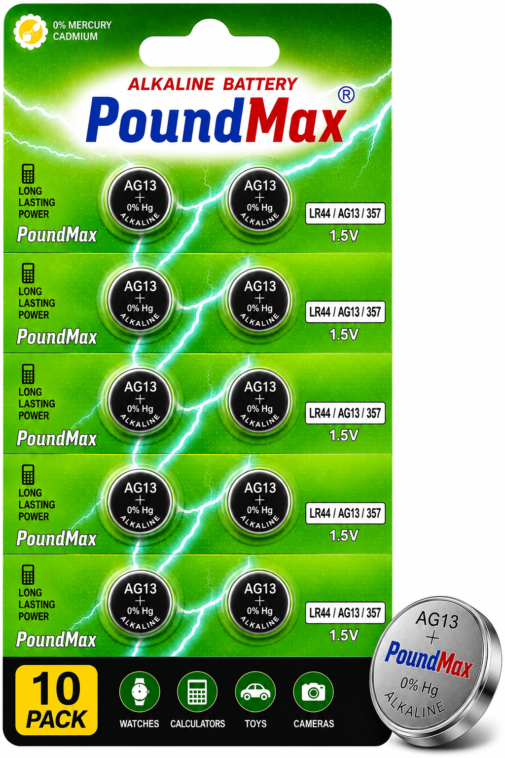 PoundMax AG13 LR44 1.5V Alkaline Button Cell Battery | Pack of 10