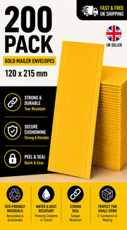 200 x Size 2 - B/00 Pack Gold Bubble Mailers 120x215mm Padded Envelopes Bulk UK