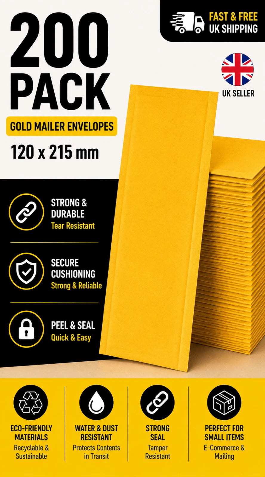 200 x Size 2 - B/00 Pack Gold Bubble Mailers 120x215mm Padded Envelopes Bulk UK