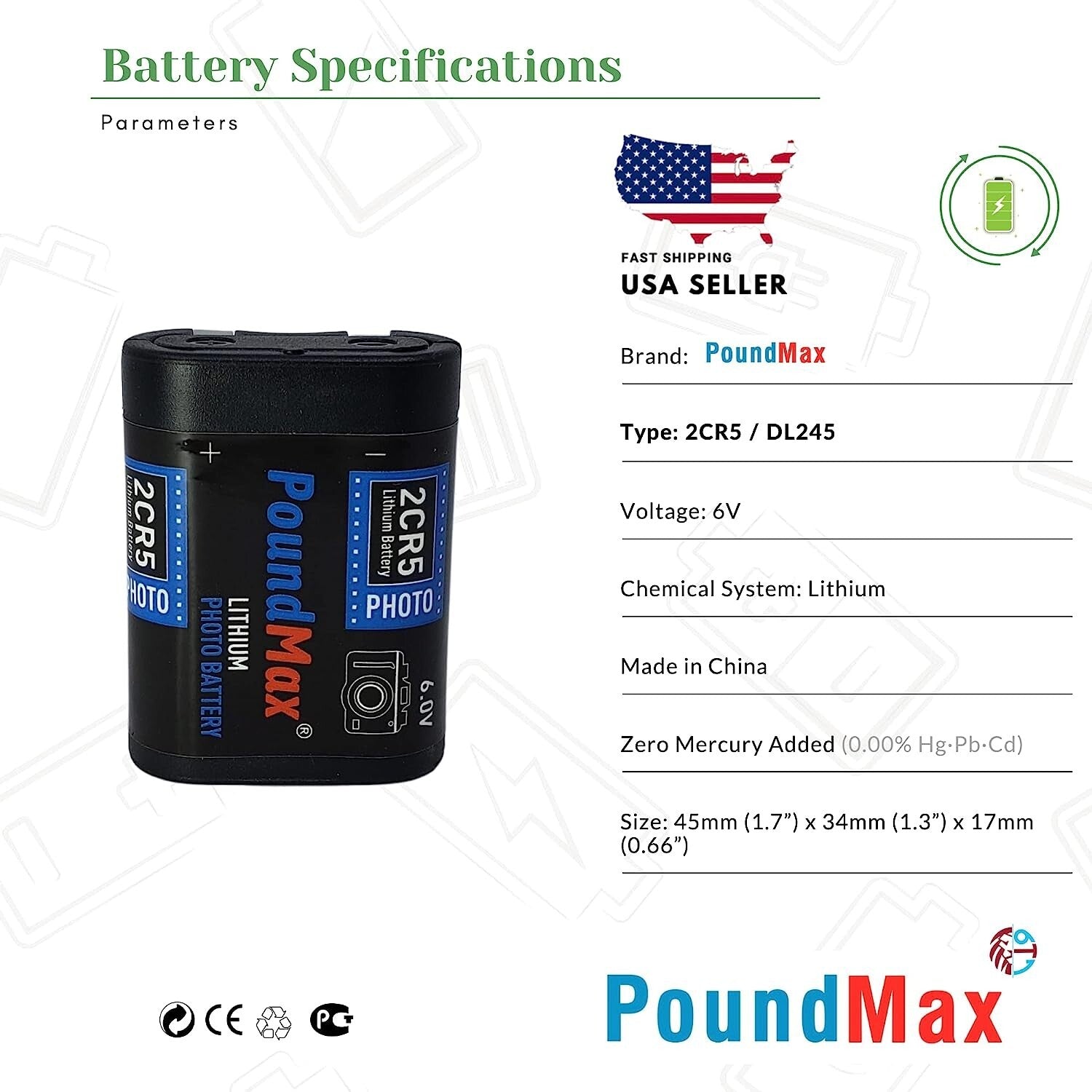 2CR5 DL245 PoundMax 6 V Lithium-Ion Photo Battery High Capacity