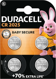 4x DURACELL 2025 Lithium Coin Batteries 3V  Up to 70% Extra Life - Child lock Secure Technology - For Use in Key Fobs, Fitness Watches and 3D Glasses - Baby Secure Packaging