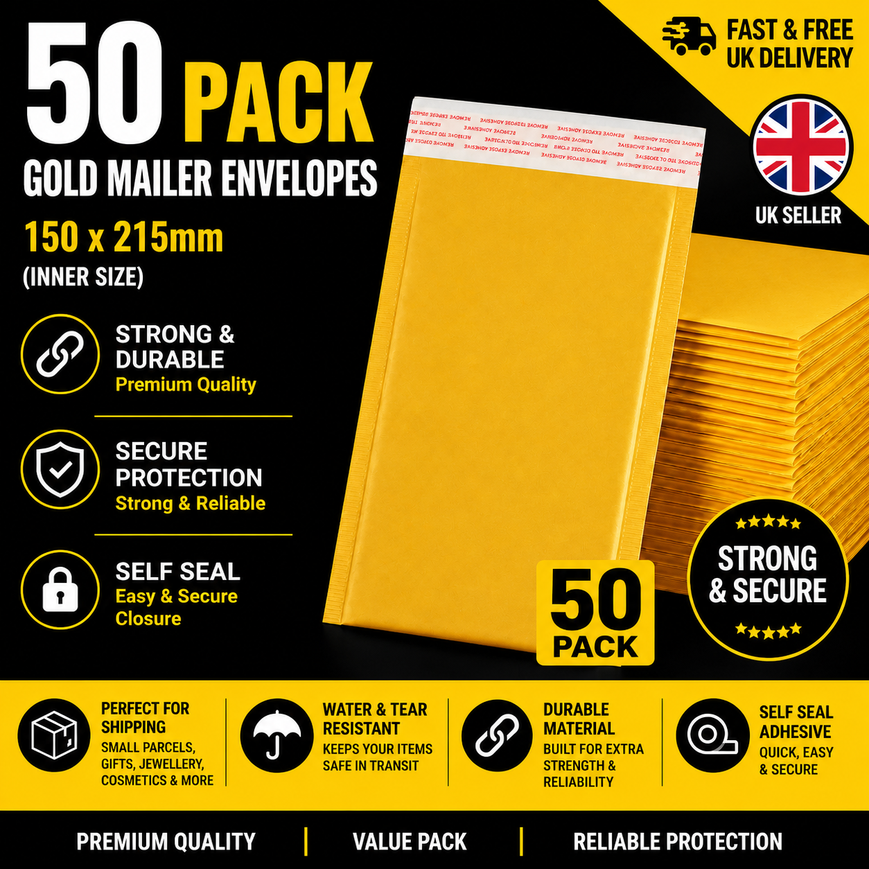 50x GOLD Size 3 -C/0 - 215 x 150mm GENUINE BUBBLE PADDED ENVELOPES MAILERS BAGS
